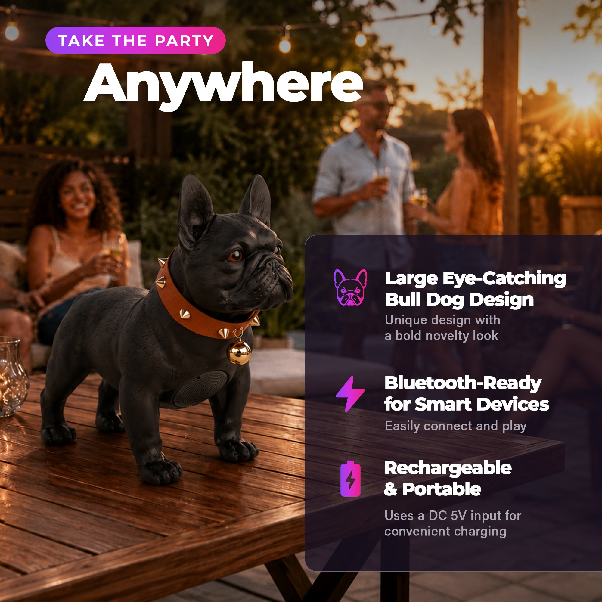 Max Power Bulldog Style Rechargeable Bluetooth Speaker with FM Radio, Black - VMInnovations