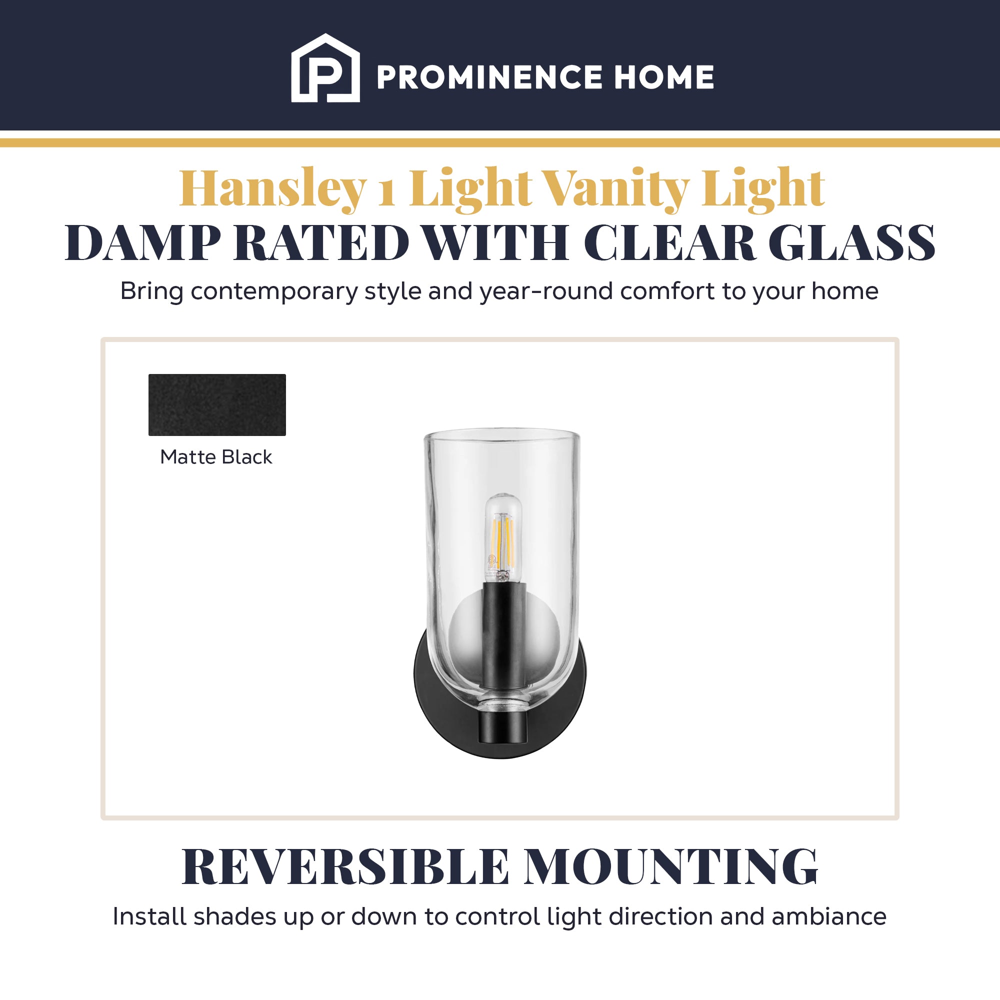 Prominence Home Hansley 1 Light Wall Sconce for Hallways or Bedrooms, Black - VMInnovations