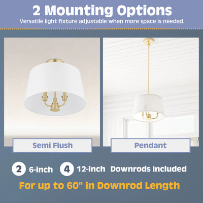 Prominence Home Billet 3 Light Semi Flush Convertible Pendant, Brushed Gold - VMInnovations