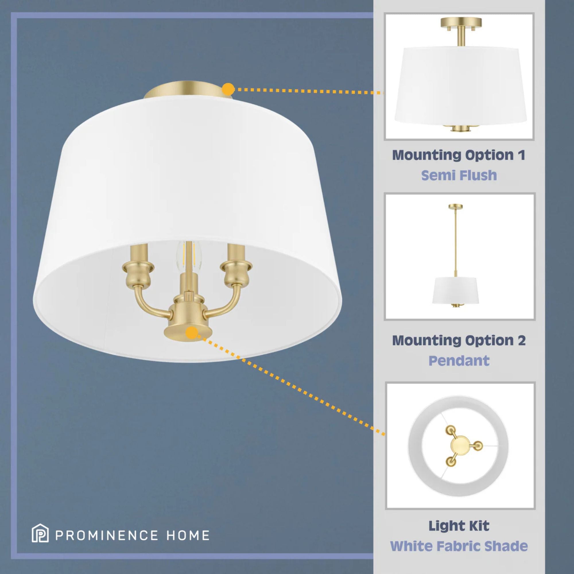 Prominence Home Billet 3 Light Semi Flush Convertible Pendant, Brushed Gold - VMInnovations