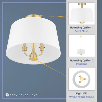 Prominence Home Billet 3 Light Semi Flush Convertible Pendant, Brushed Gold - VMInnovations