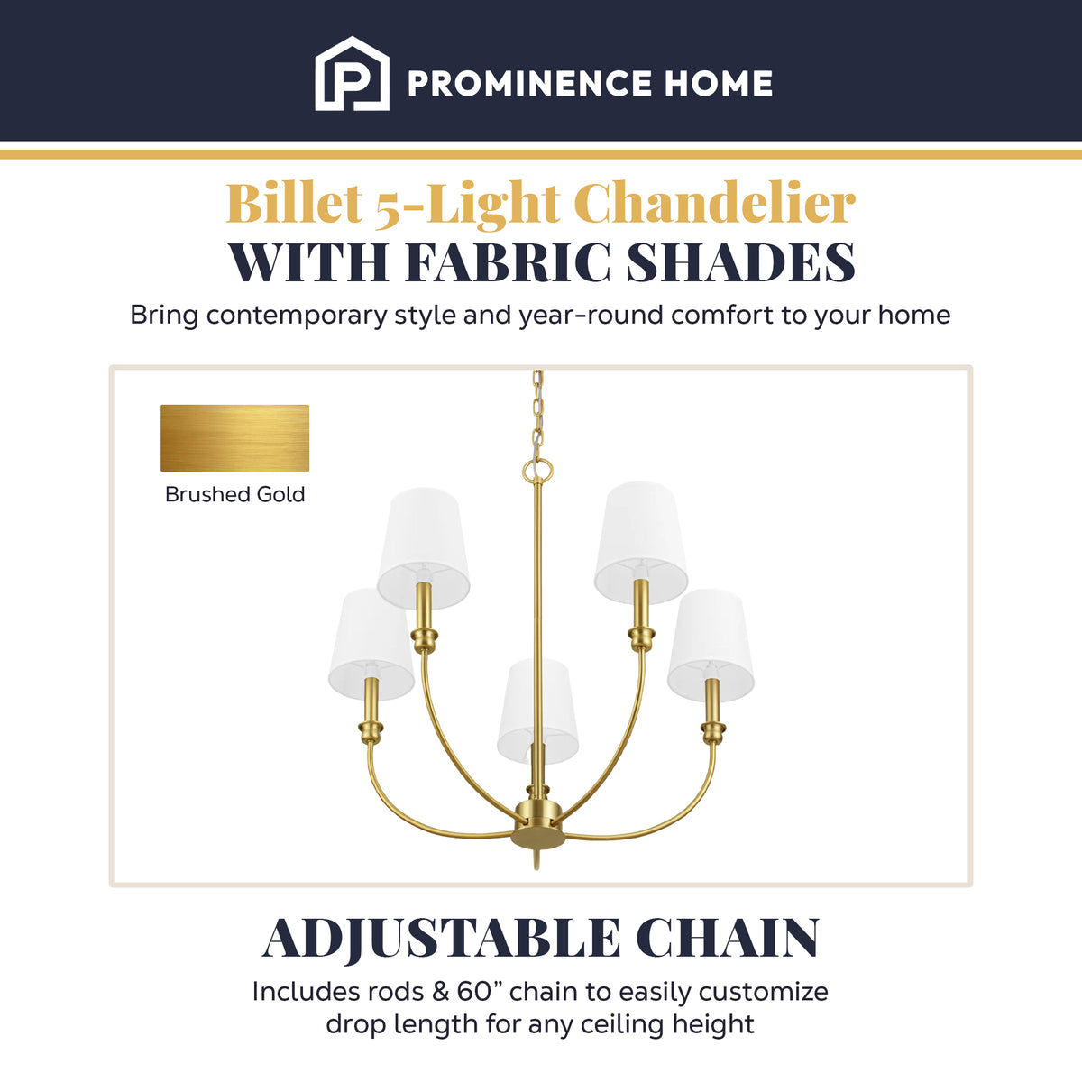 Prominence Home Bilet 5 Lt Linear Chandelier with Fabric Shades, Gold (Open Box)
