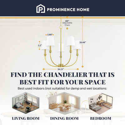 Prominence Home Bilet 5 Lt Linear Chandelier with Fabric Shades, Gold (Open Box)