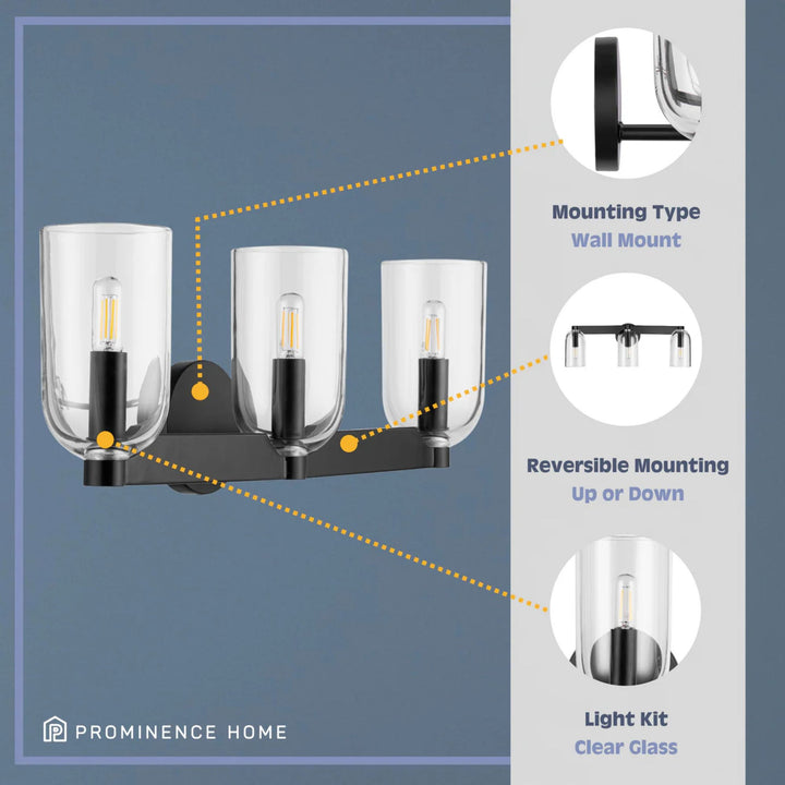 Prominence Home Hansley 3 Light Vanity Light, Damp Rated with Clear Glass, Black - VMInnovations