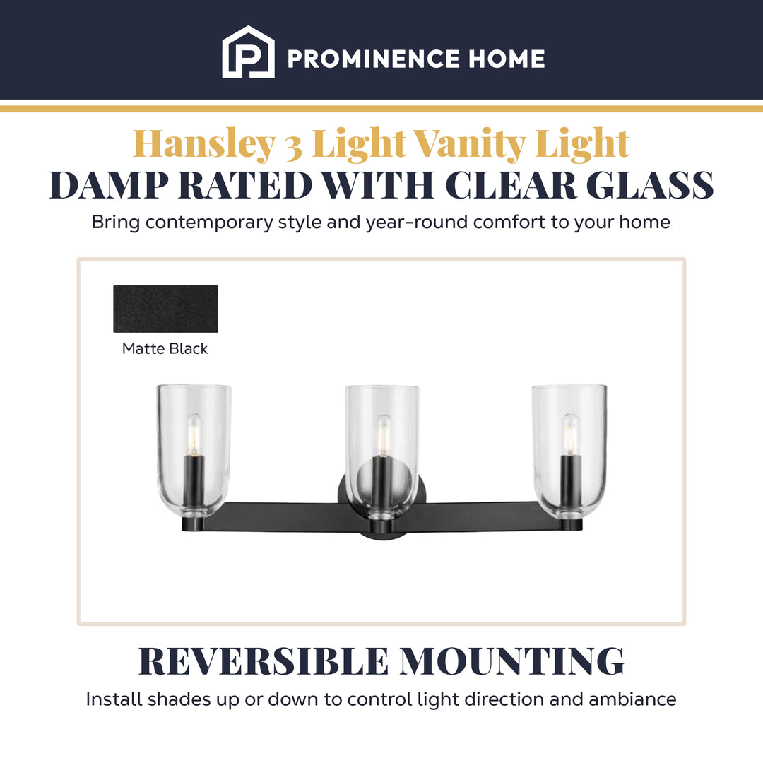 Prominence Home Hansley 3 Light Vanity Light, Damp Rated with Clear Glass, Black - VMInnovations