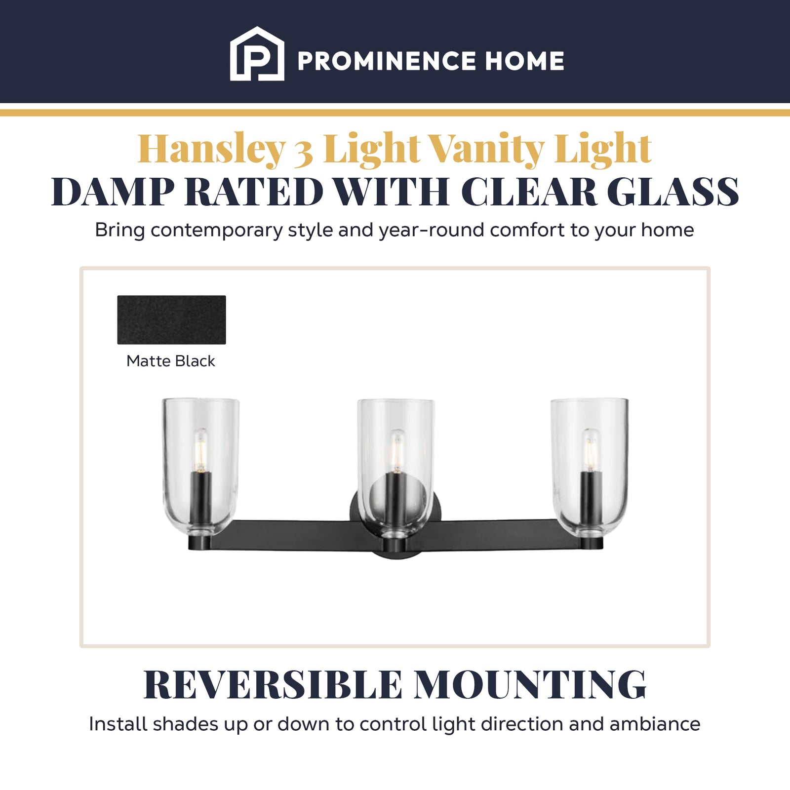 Prominence Home Hansley 3 Light Vanity Light, Damp Rated with Clear Glass, Black - VMInnovations
