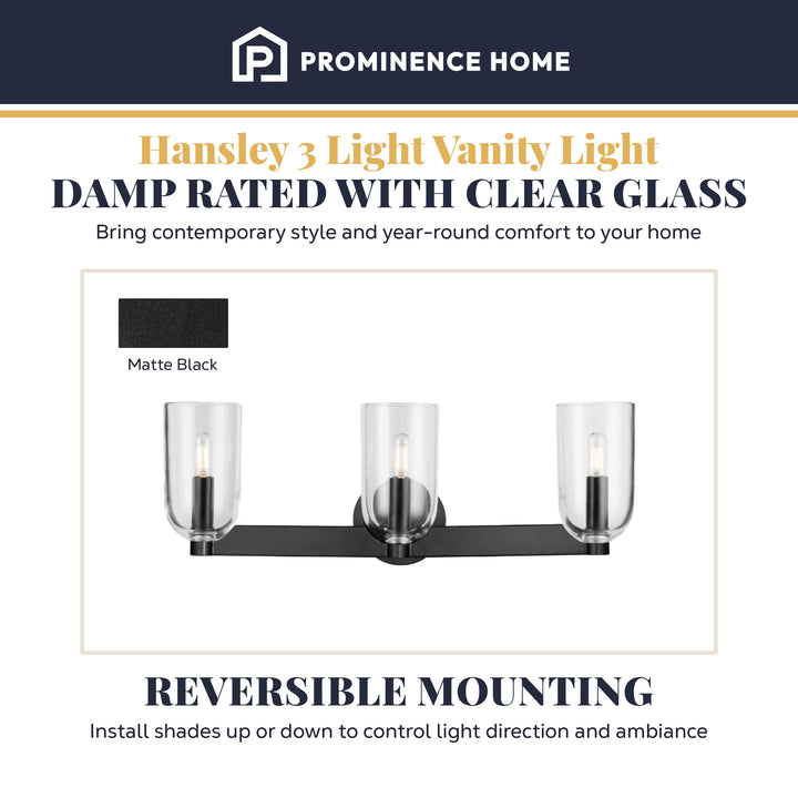 Prominence Home Hansley 3 Light Vanity Light, Damp Rated with Clear Glass, Black - VMInnovations