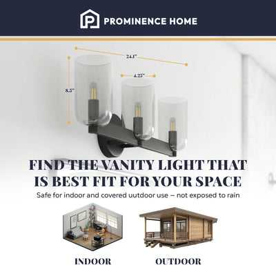 Prominence Home Hansley 3 Light Vanity Light, Damp Rated with Clear Glass, Black - VMInnovations