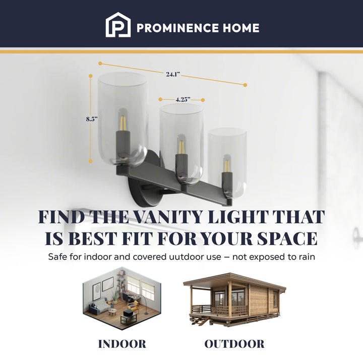 Prominence Home Hansley 3 Light Vanity Light, Damp Rated with Clear Glass, Black - VMInnovations