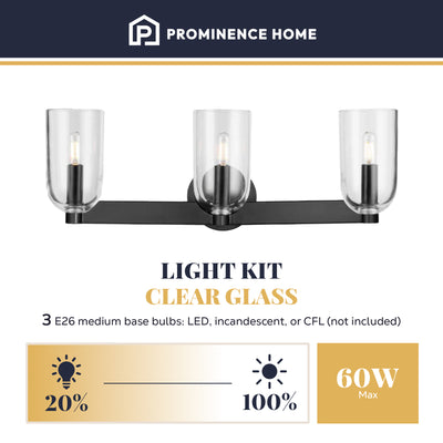 Prominence Home Hansley 3 Light Vanity Light, Damp Rated with Clear Glass, Black - VMInnovations