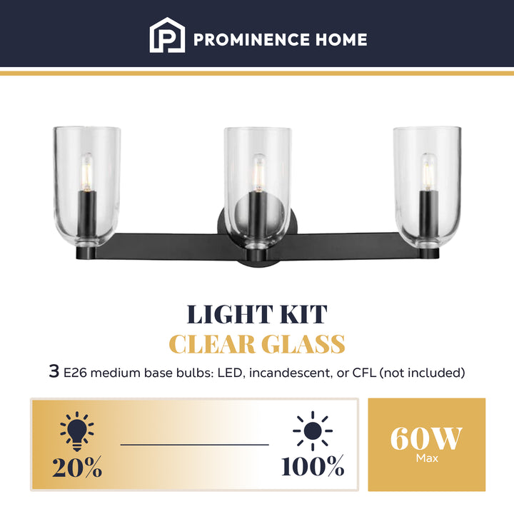 Prominence Home Hansley 3 Light Vanity Light, Damp Rated with Clear Glass, Black - VMInnovations