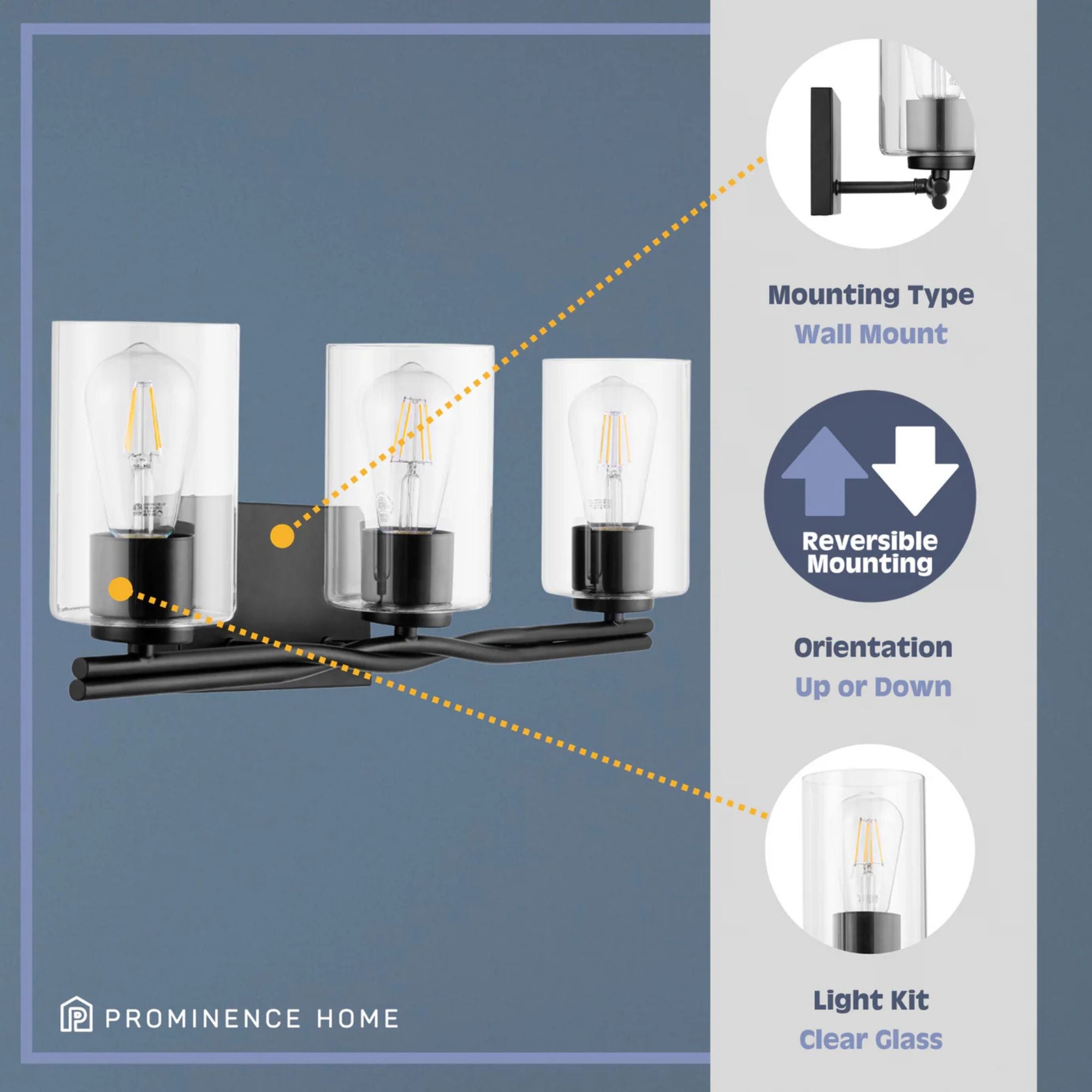 Prominence Home Lantier 3 Light Vanity Light, Damp Rated with Clear Glass, Black - VMInnovations