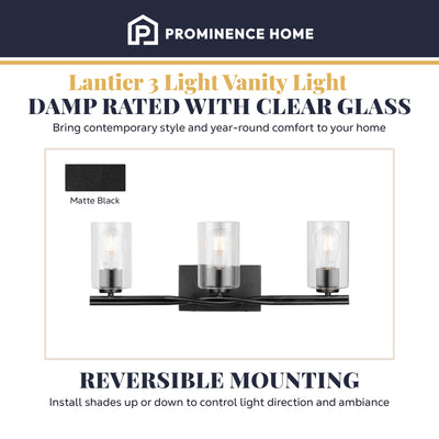 Prominence Home Lantier 3 Light Vanity Light, Damp Rated with Clear Glass, Black - VMInnovations