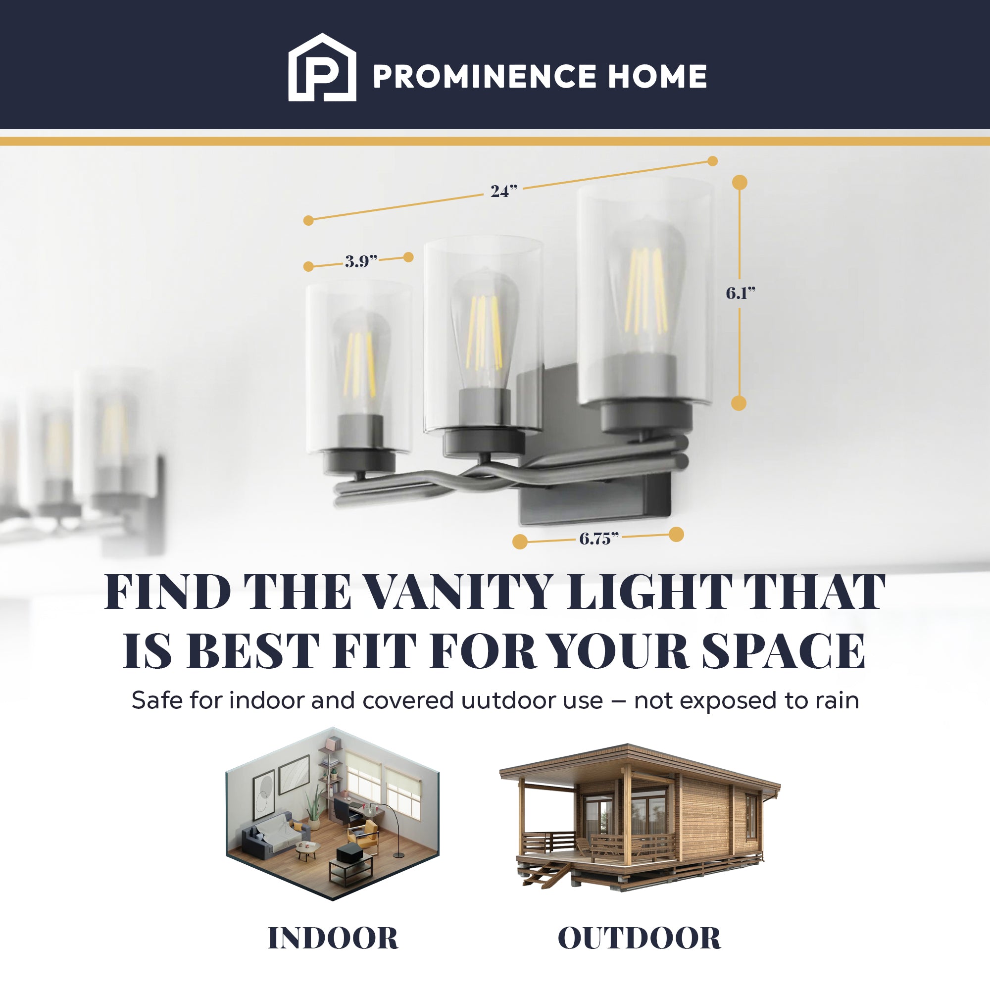 Prominence Home Lantier 3 Light Vanity Light, Damp Rated with Clear Glass, Black - VMInnovations