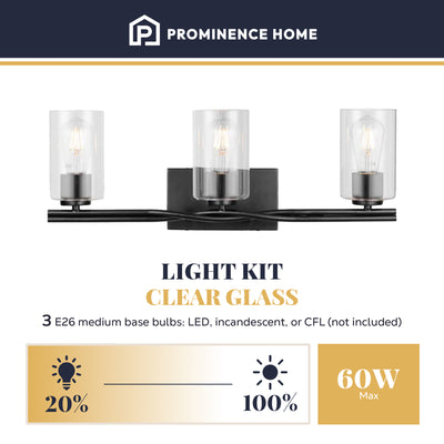Prominence Home Lantier 3 Light Vanity Light, Damp Rated with Clear Glass, Black - VMInnovations