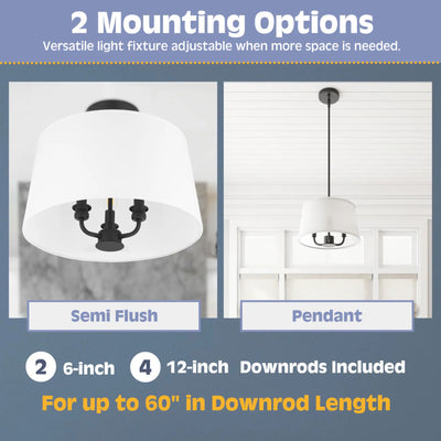 Prominence Home Billet 3 Light Semi Flush Convertible Pendant Light, Matte Black - VMInnovations
