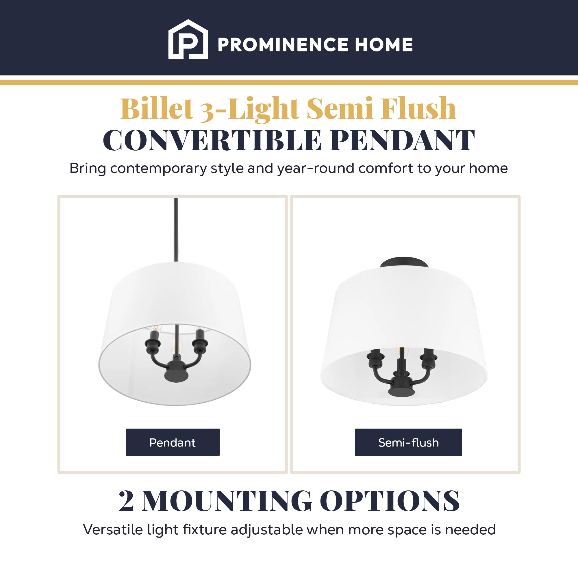 Prominence Home Billet 3 Light Semi Flush Convertible Pendant Light, Matte Black - VMInnovations