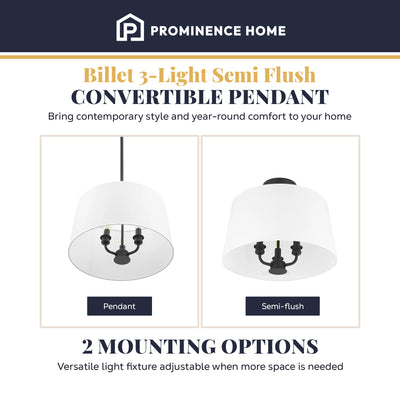 Prominence Home Billet 3 Light Semi Flush Convertible Pendant Light, Matte Black - VMInnovations