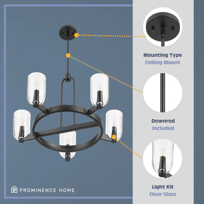 Prominence Home Hansley 5 Light Chandelier with Candelabra Base, Matte Black - VMInnovations
