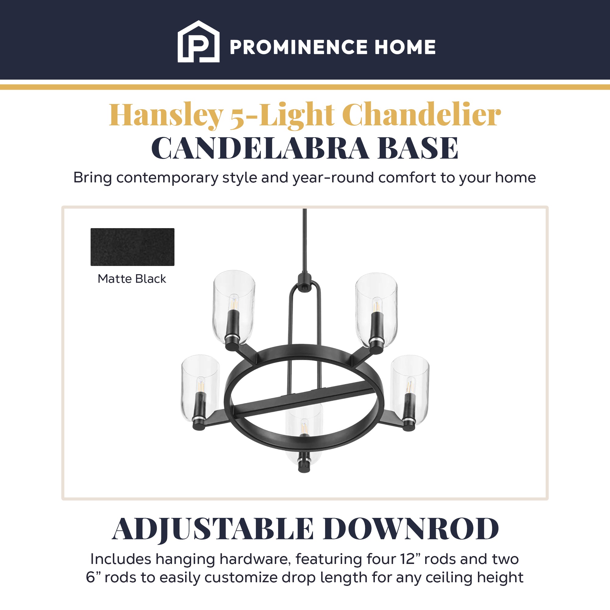 Prominence Home Hansley 5 Light Chandelier with Candelabra Base, Matte Black - VMInnovations