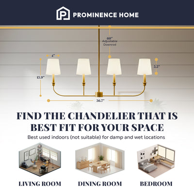 Prominence Home Bilet 4 Light Linear Chandelier with Fabric Shades, Brushed Gold - VMInnovations