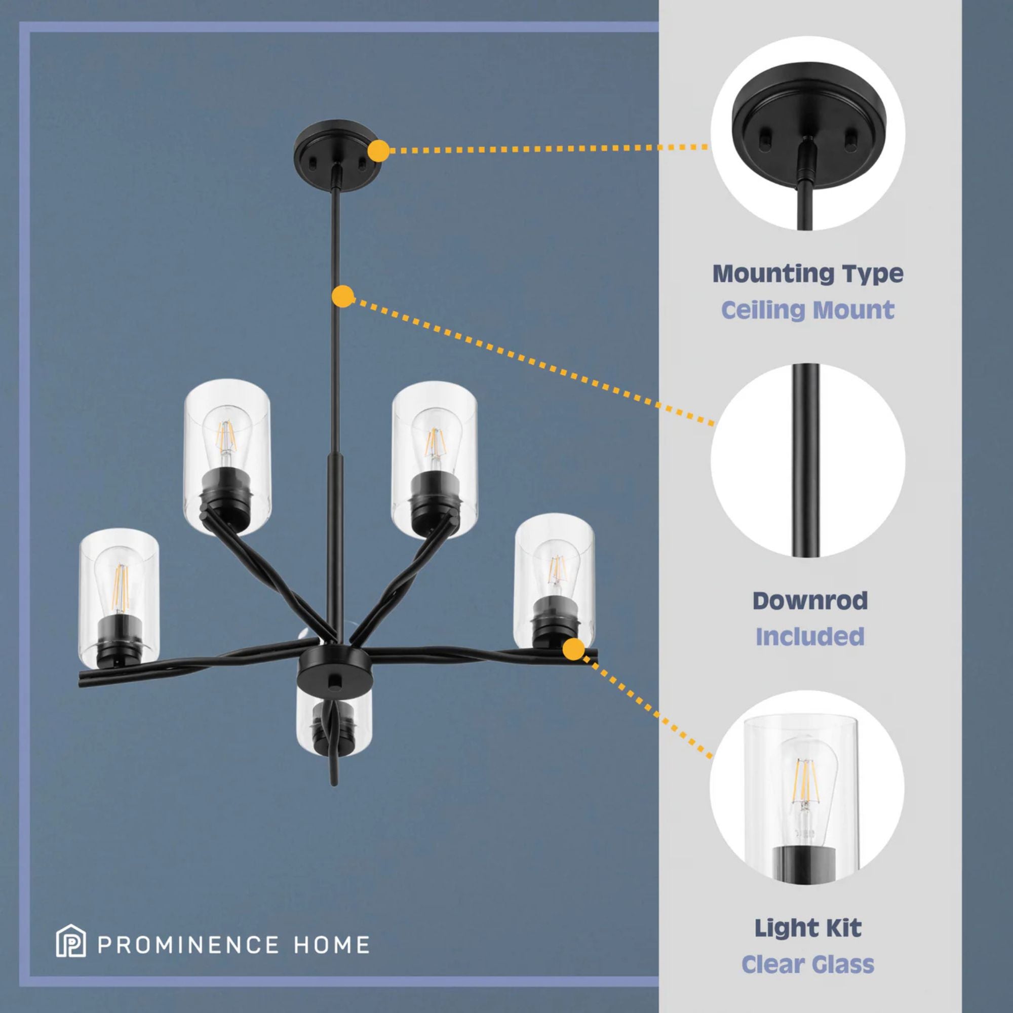 Prominence Home Lantier 5-Light Chandelier with Clear Glass, Matte Black - VMInnovations