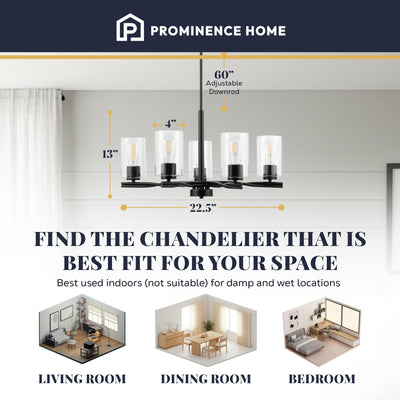 Prominence Home Lantier 5-Light Chandelier with Clear Glass, Matte Black - VMInnovations