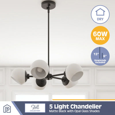 Prominence Home Stoll 5-Light Chandelier with Opal Glass Globes, Matte Black - VMInnovations