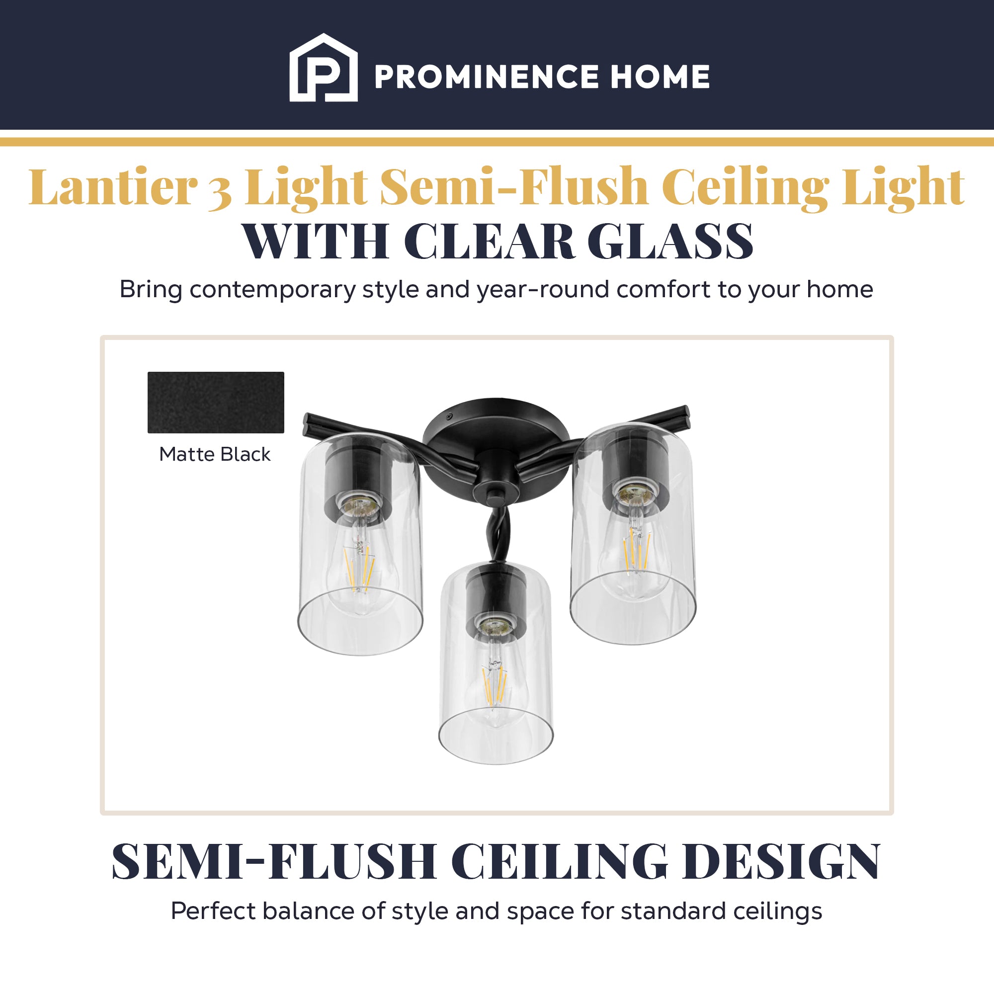 Prominence Home Lantier 3-Light Semi-Flush Ceiling Light for Home, Matte Black - VMInnovations