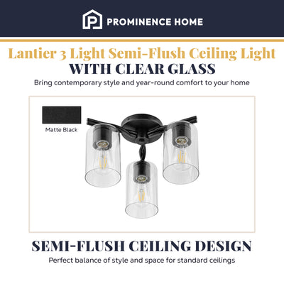Prominence Home Lantier 3-Light Semi-Flush Ceiling Light for Home, Matte Black - VMInnovations