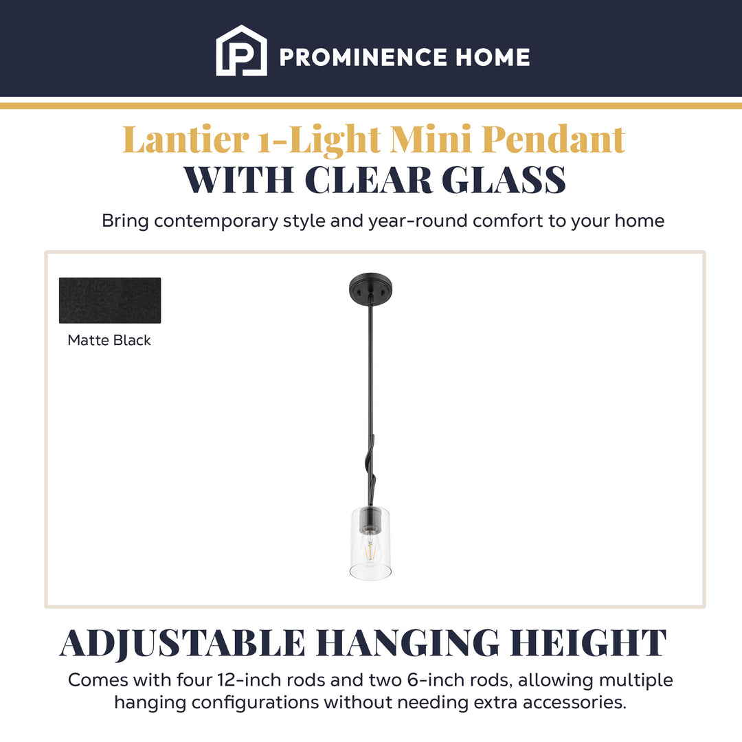 Prominence Home Lantier 1-Light Mini Pendant with Clear Glass, Matte Black - VMInnovations