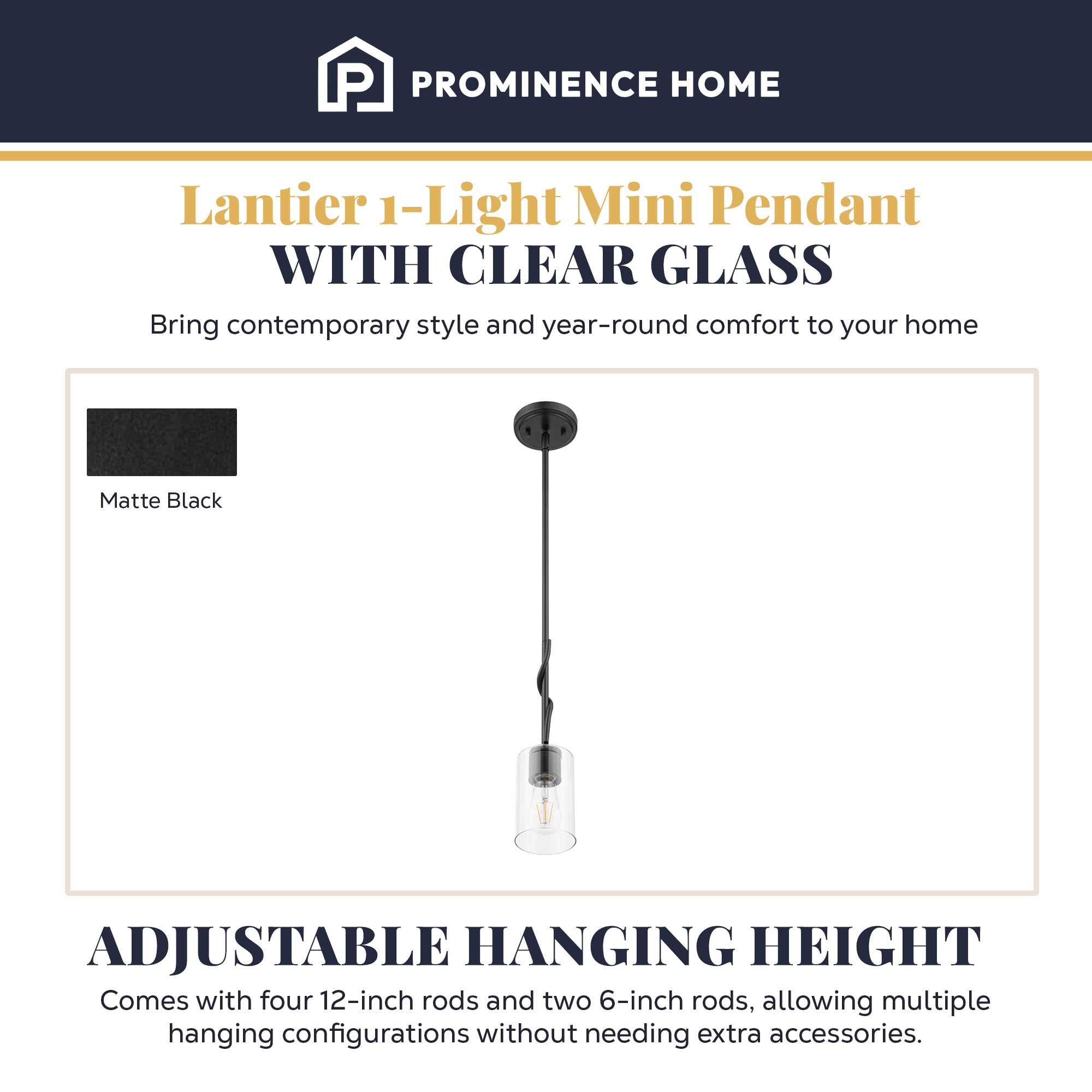 Prominence Home Lantier 1-Light Mini Pendant with Clear Glass, Matte Black - VMInnovations