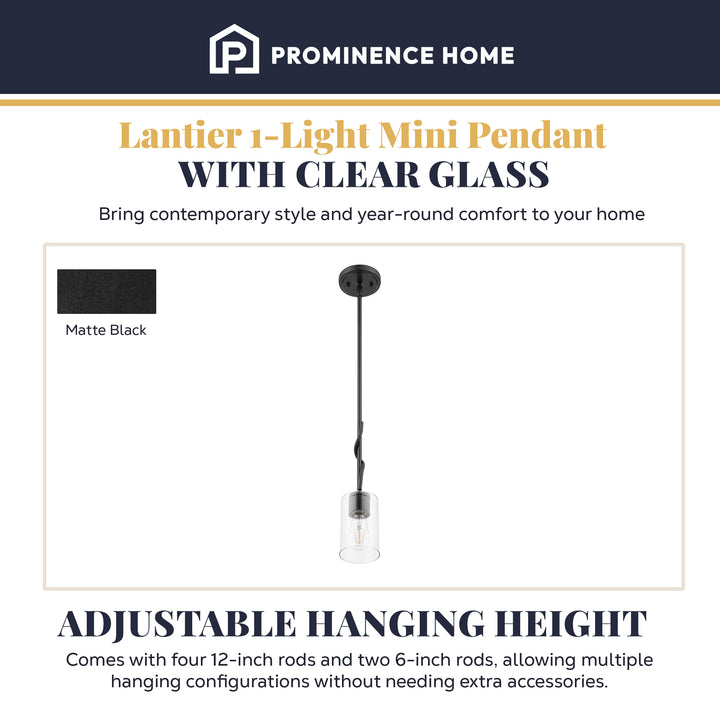 Prominence Home Lantier 1-Light Mini Pendant with Clear Glass, Matte Black - VMInnovations