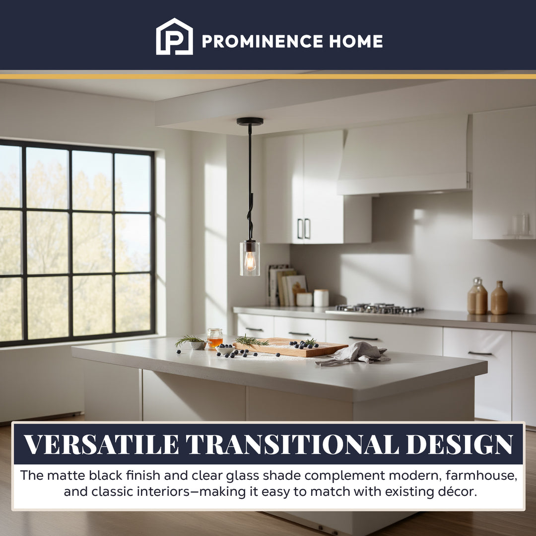 Prominence Home Lantier 1-Light Mini Pendant with Clear Glass, Matte Black - VMInnovations