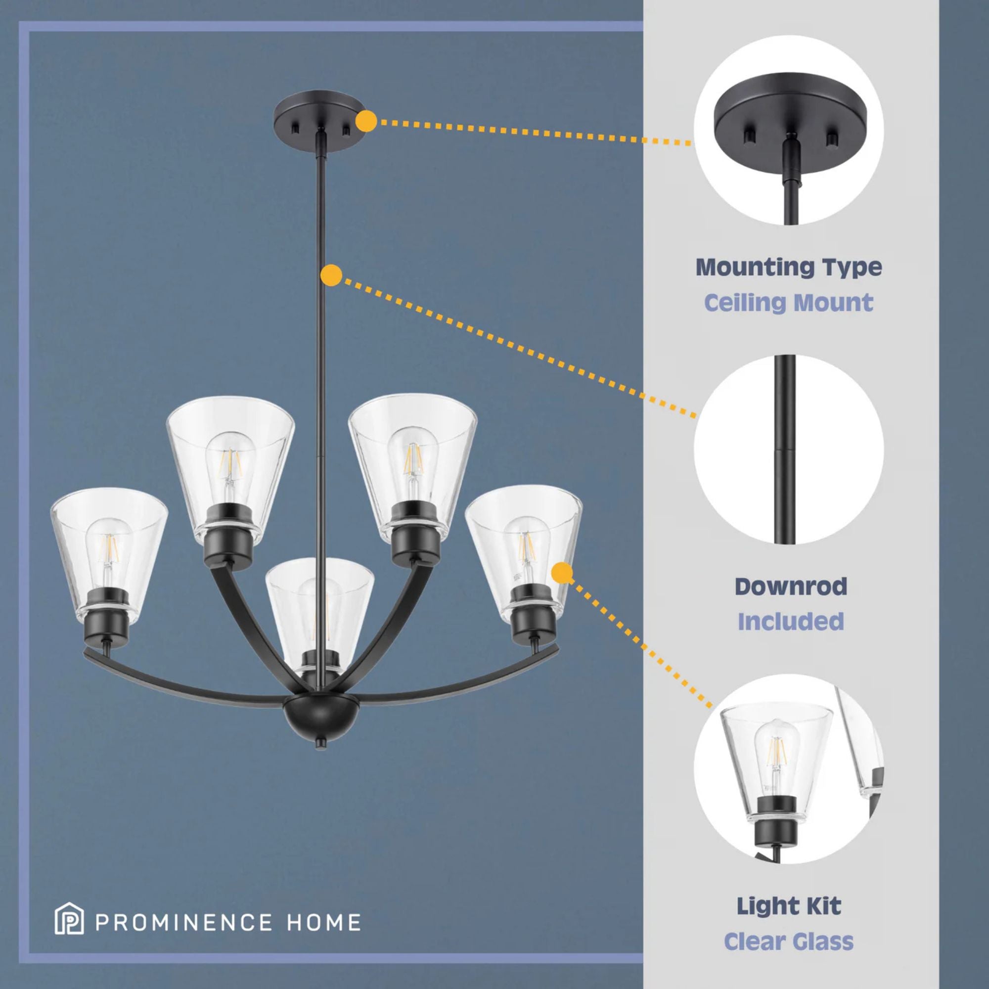 Prominence Home Fairendale 5-Light Chandelier with Clear Glass, Matte Black - VMInnovations