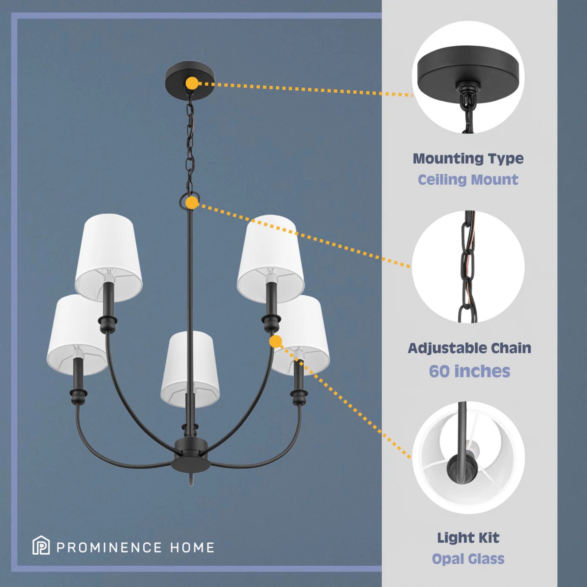 Prominence Home Billet 5-Light Chandelier with Fabric Shades, Matte Black - VMInnovations