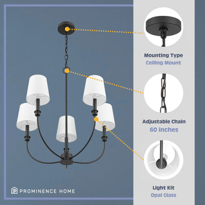 Prominence Home Billet 5-Light Chandelier with Fabric Shades, Matte Black - VMInnovations