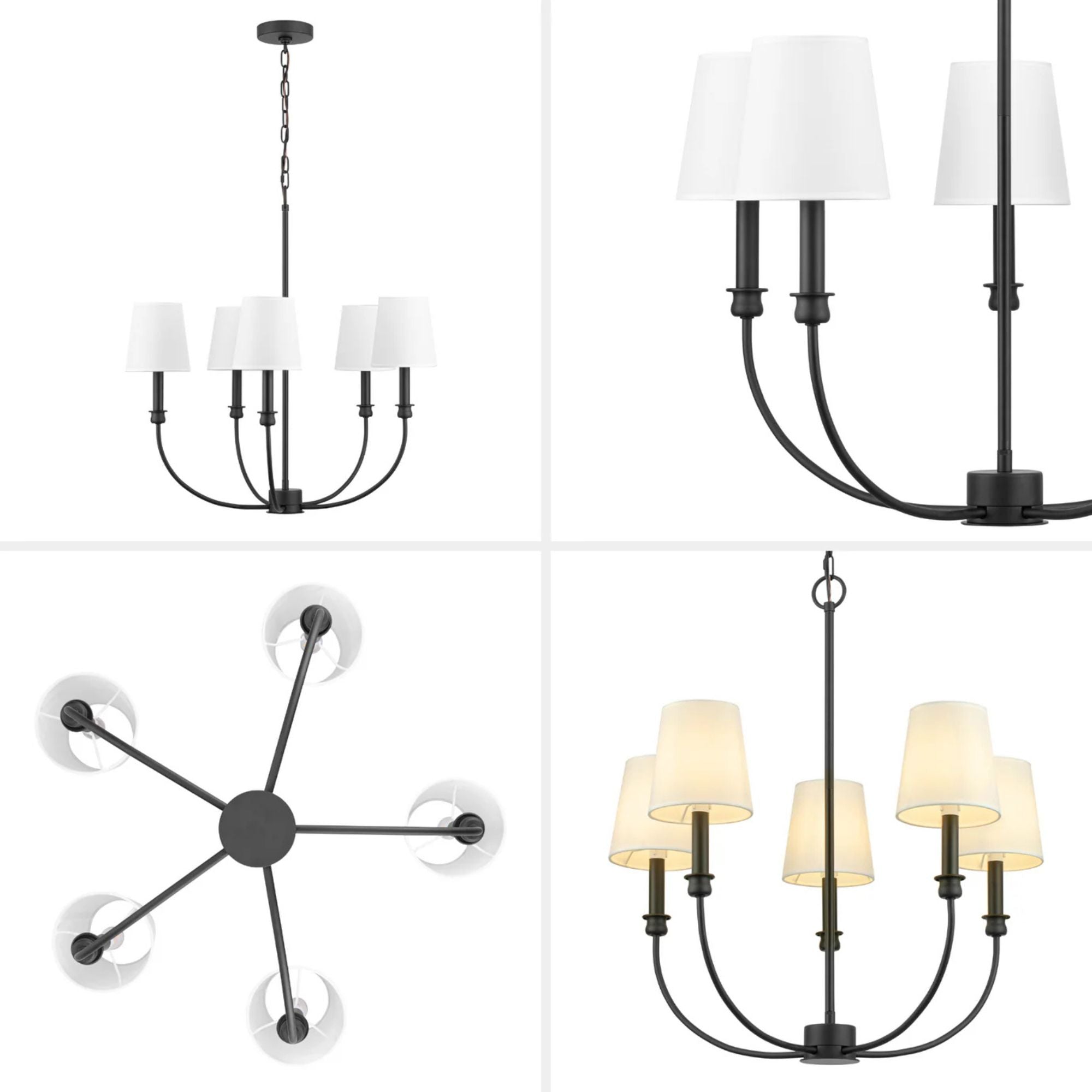 Prominence Home Billet 5-Light Chandelier with Fabric Shades, Matte Black - VMInnovations