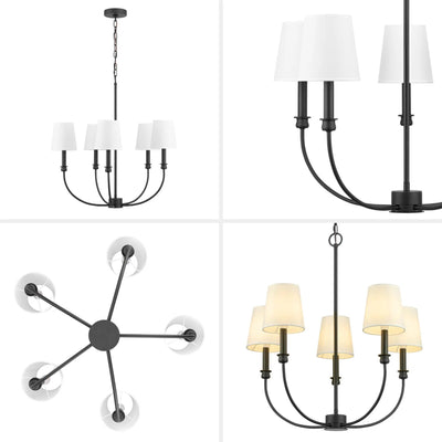 Prominence Home Billet 5-Light Chandelier with Fabric Shades, Matte Black - VMInnovations