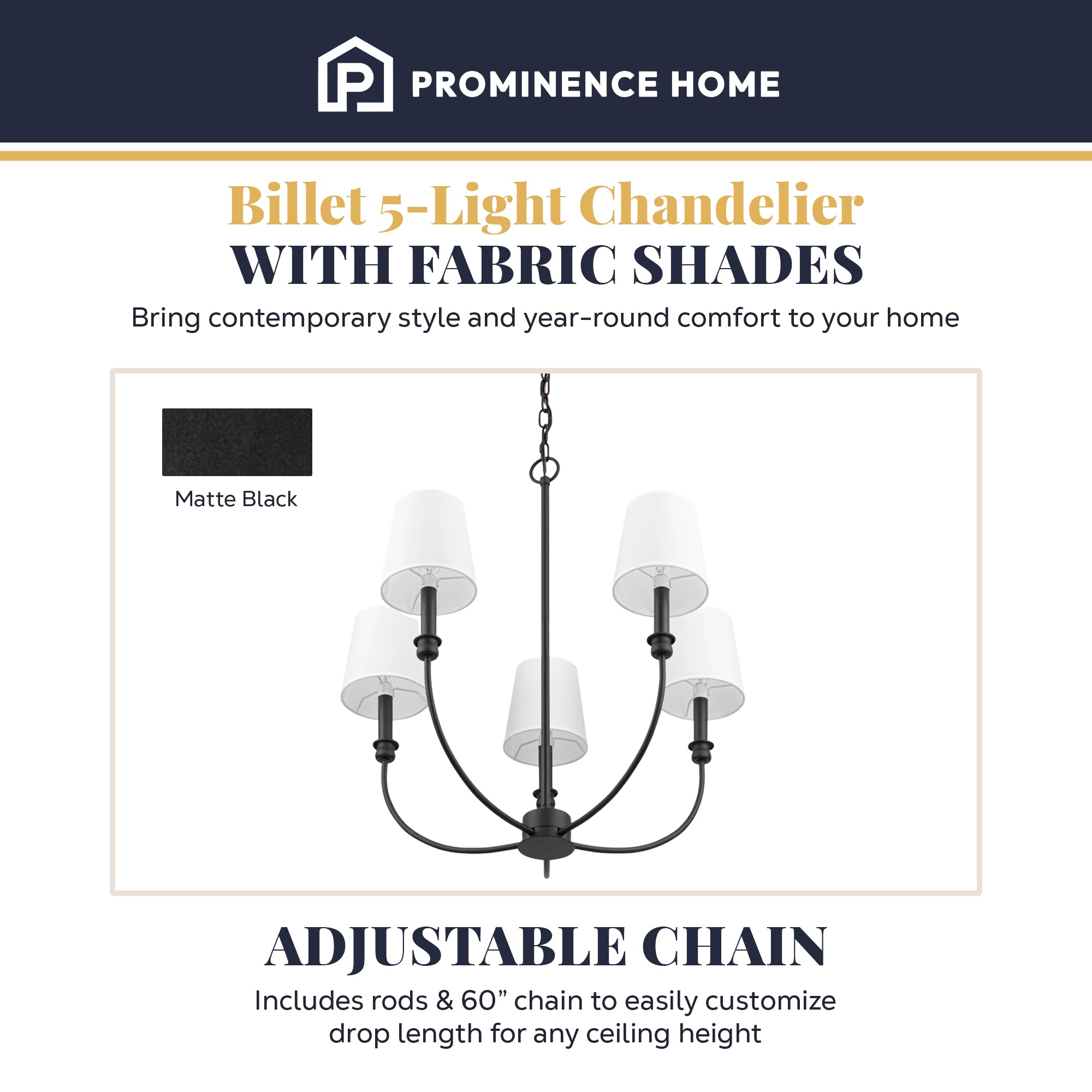 Prominence Home Billet 5-Light Chandelier with Fabric Shades, Matte Black - VMInnovations