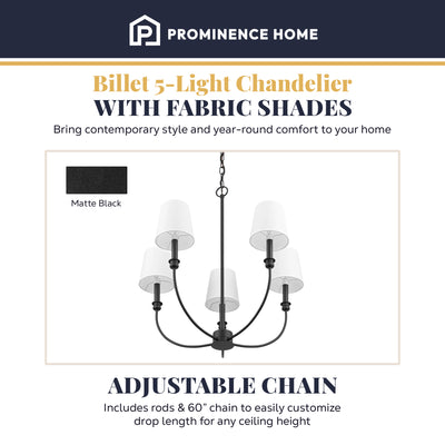 Prominence Home Billet 5-Light Chandelier with Fabric Shades, Matte Black - VMInnovations