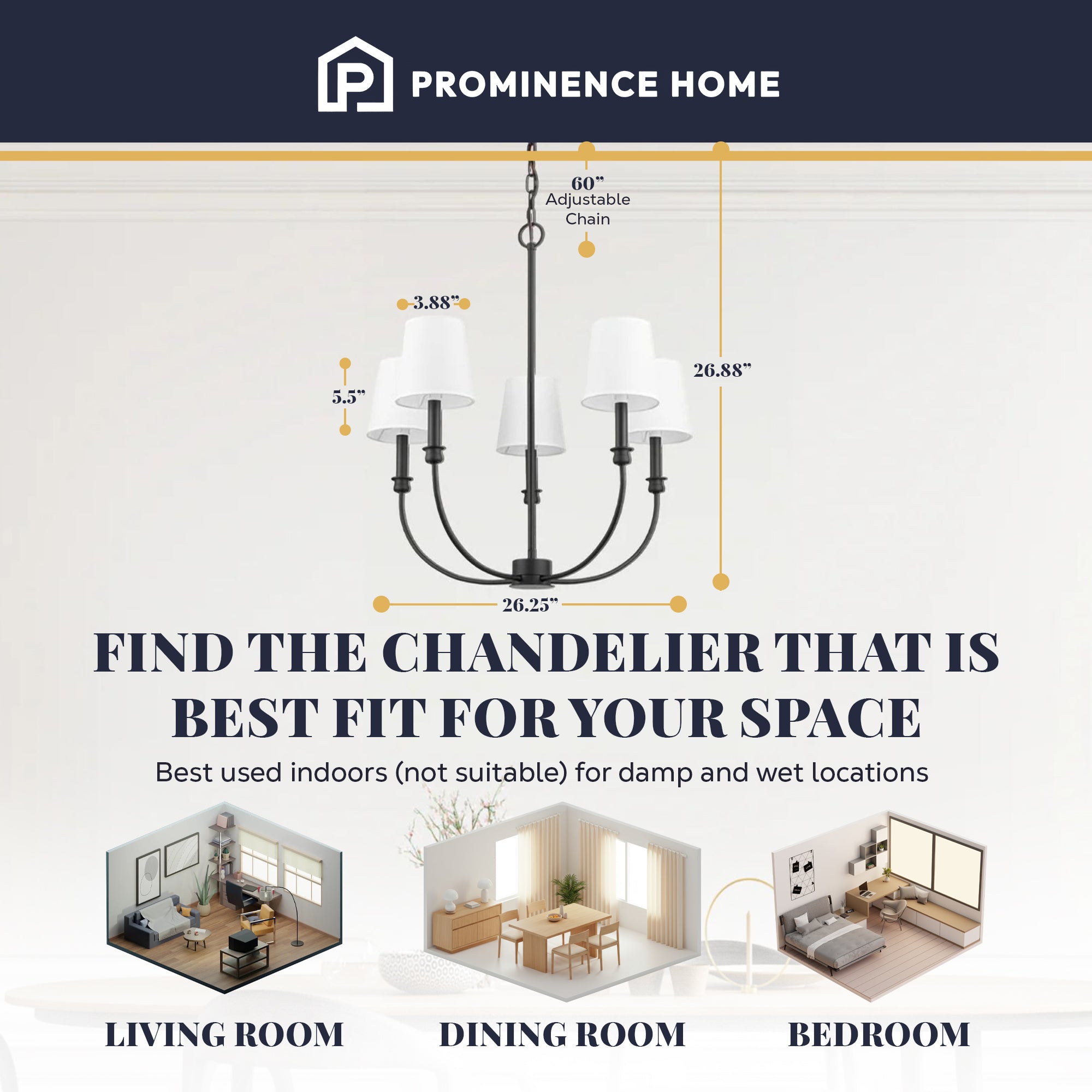 Prominence Home Billet 5-Light Chandelier with Fabric Shades, Matte Black - VMInnovations