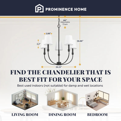 Prominence Home Billet 5-Light Chandelier with Fabric Shades, Matte Black - VMInnovations