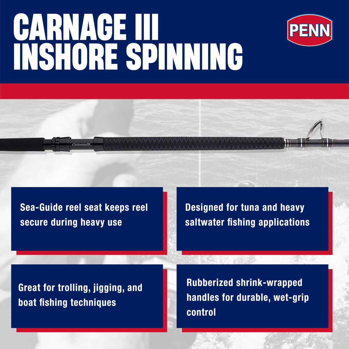 PENN Carnage III West Coast Boat Conventional Rod, 7'6" Fishing Pole, (Open Box)