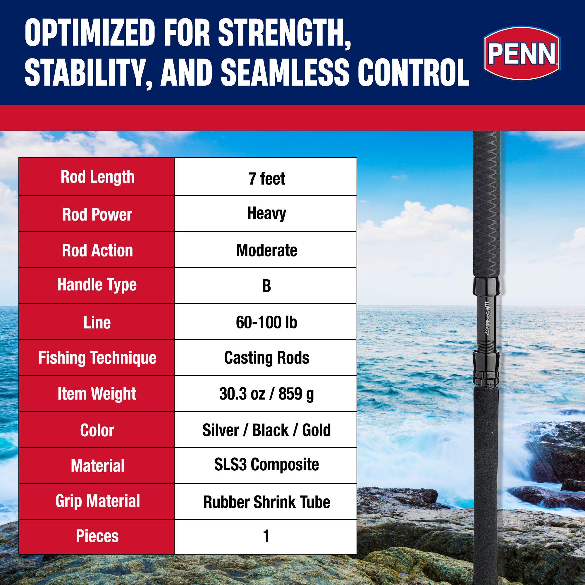PENN Carnage III Conventional West Coast Boat Rod, 7' Fishing Pole (Open Box)