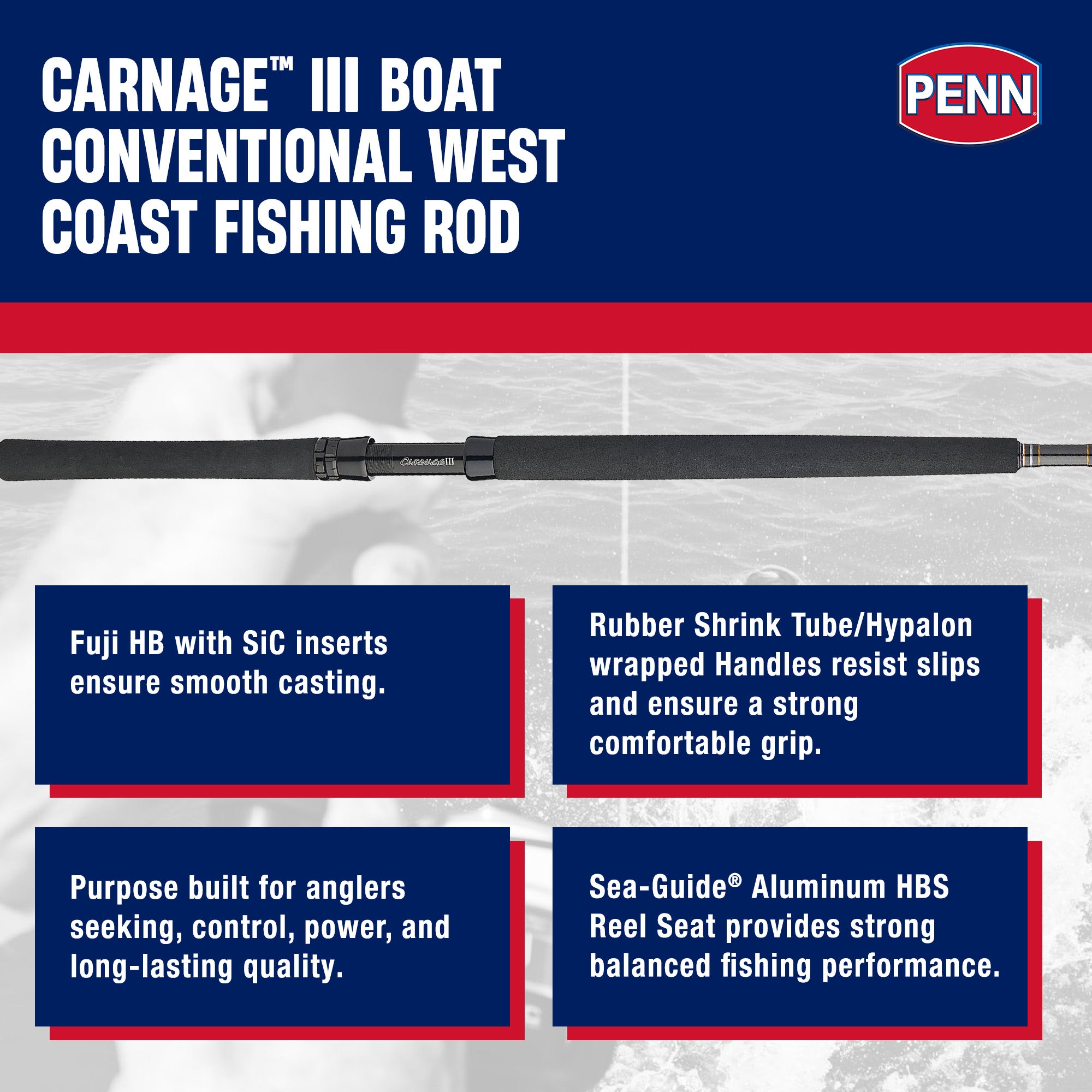 PENN Carnage III West Coast Boat Conventional Rod, 7'8" Fishing Pole (Open Box) - VMInnovations