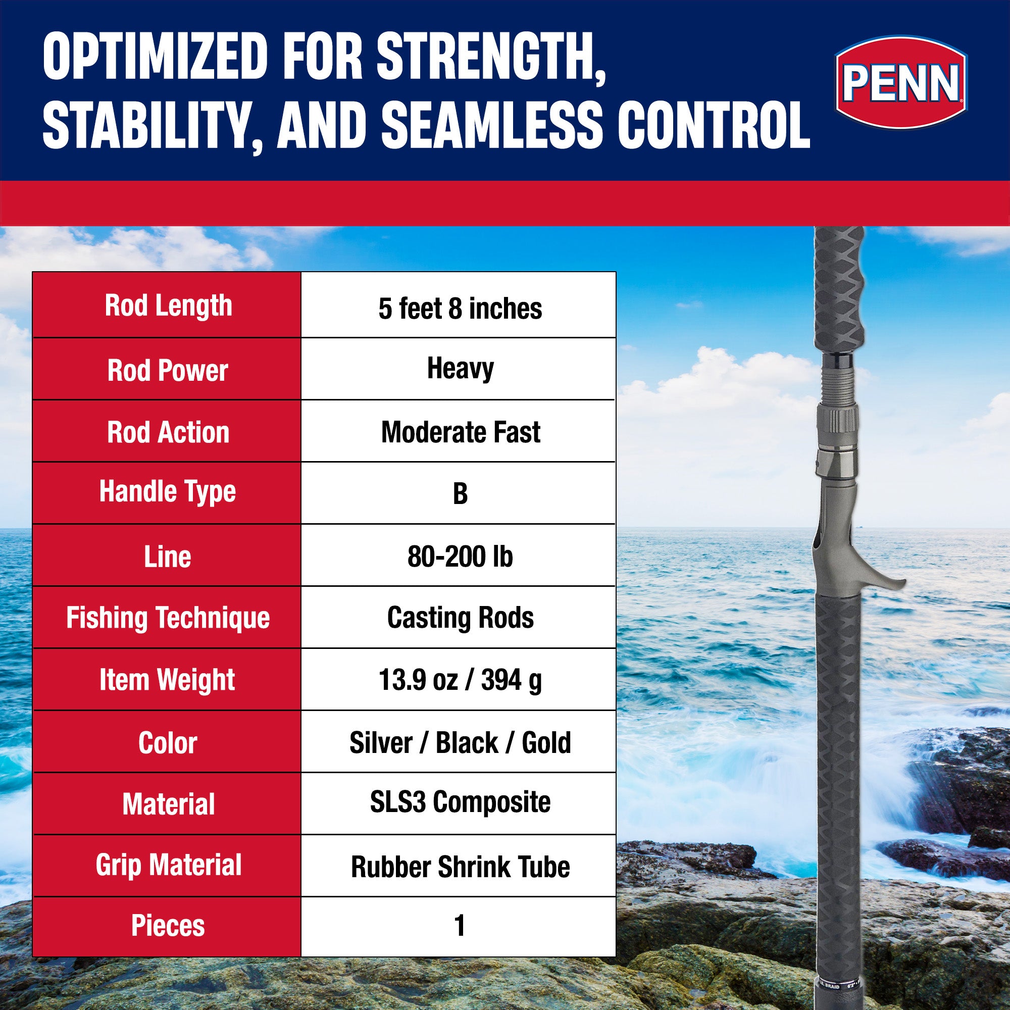 PENN Carnage III Jigging Rod, 5'8" Fishing Pole, Heavy Power (Open Box)