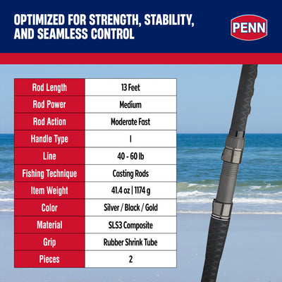 PENN Carnage III Conventional Surf Rod, 13' Fishing Pole, Medium Power - VMInnovations