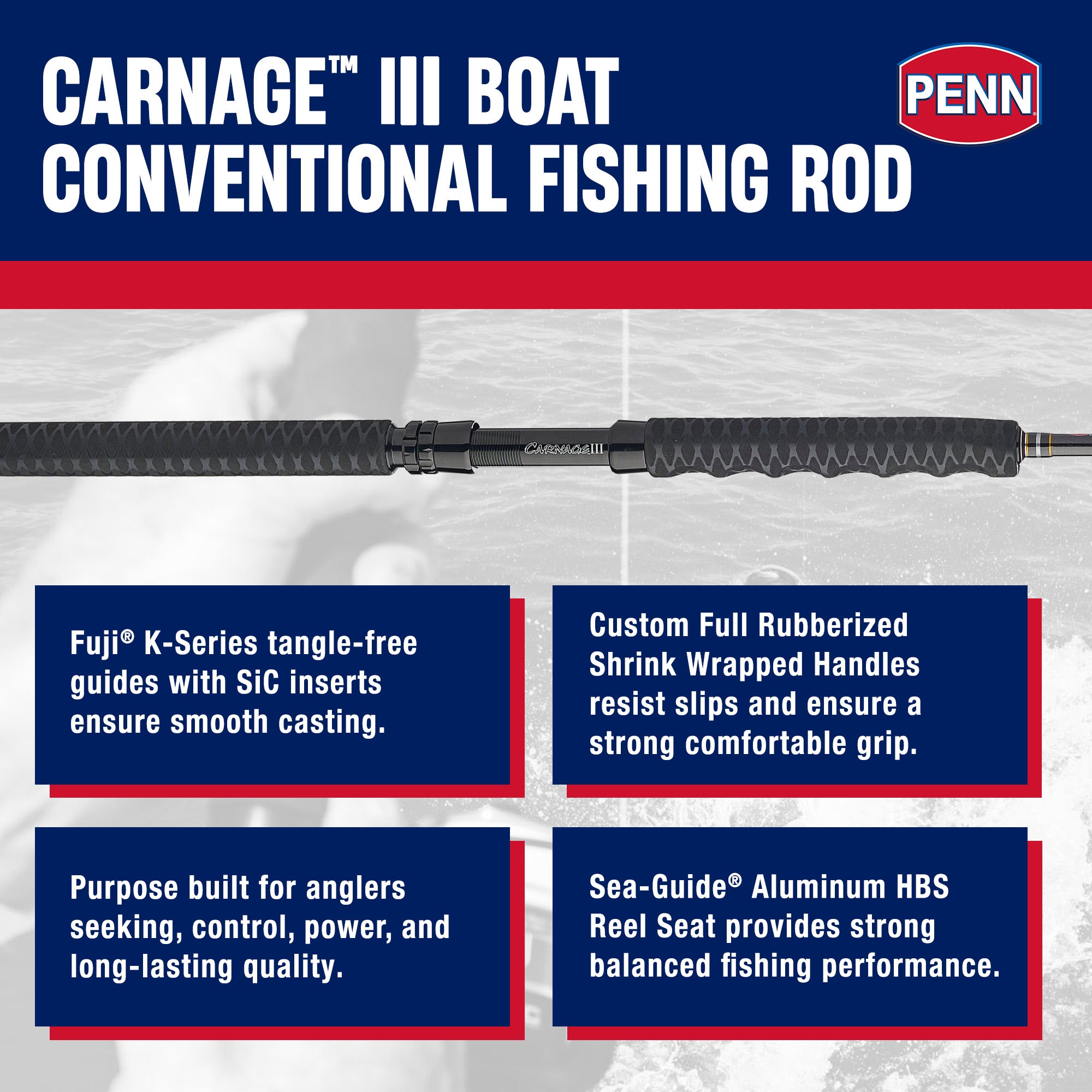 PENN Carnage III Conventional Boat Rod, 6'6" Fishing Pole, Medium Power