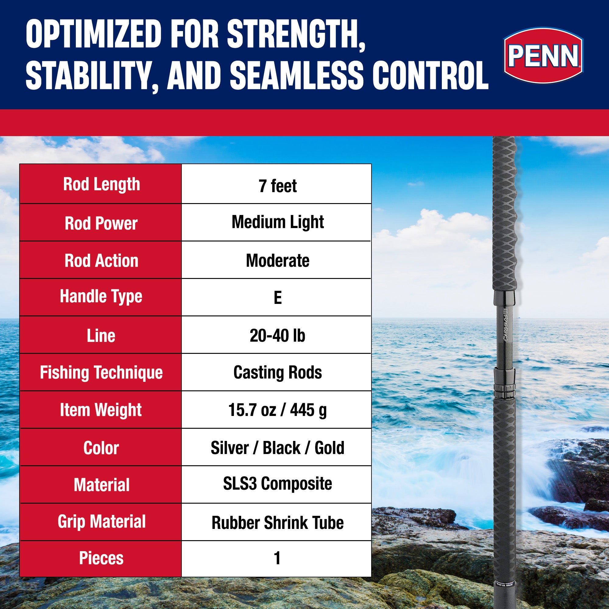 PENN Carnage III Conventional Boat Rod, 7' Fishing Pole, Medium Light Power
